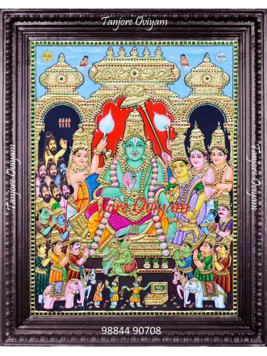 Handmade Ramar Pattabishegam Tanjore Painting showing Lord Rama’s coronation with Sita, Hanuman, and royal assembly in traditional Thanjavur gold foil art